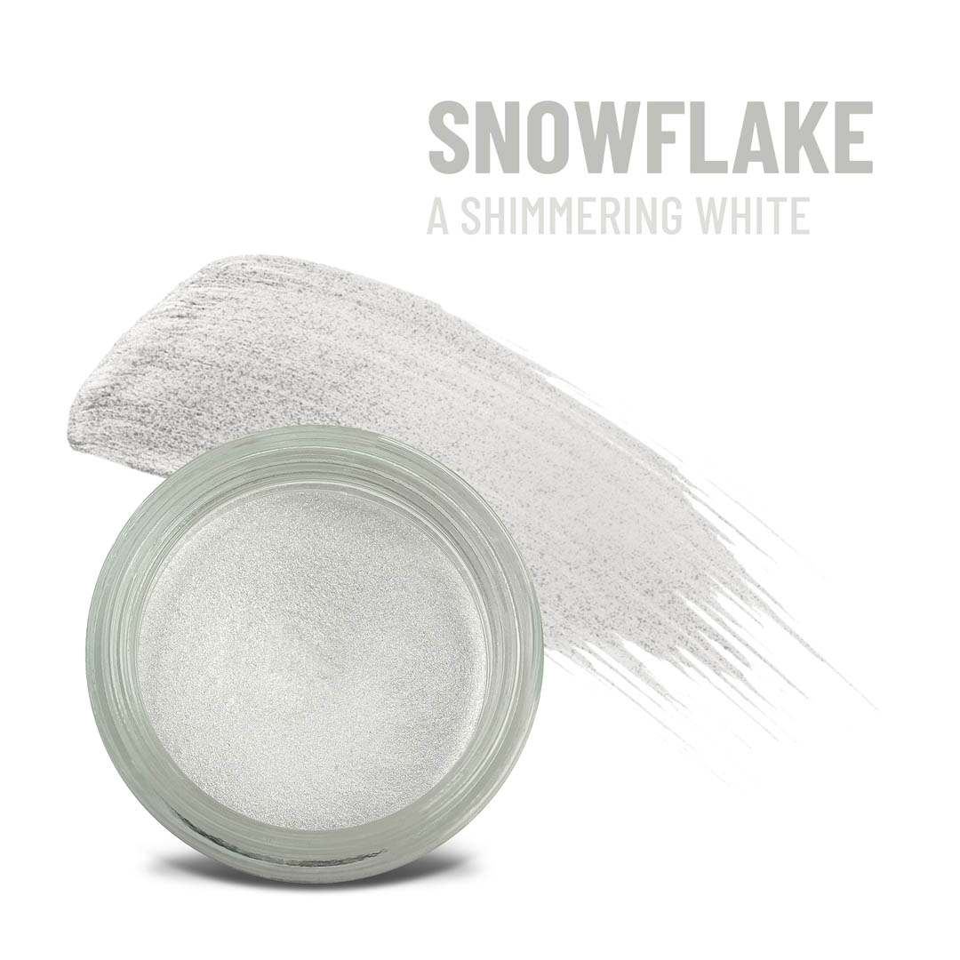 Shimmering white cream-to-powder makeup in round clear jar with open lid
