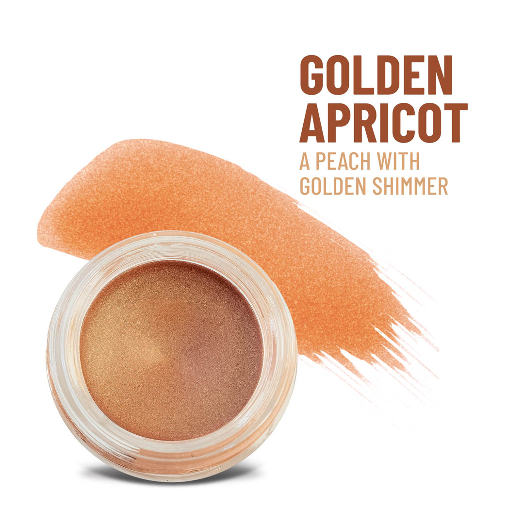 Peach-gold shimmer cream-to-powder in an open round jar, bronze-toned powder