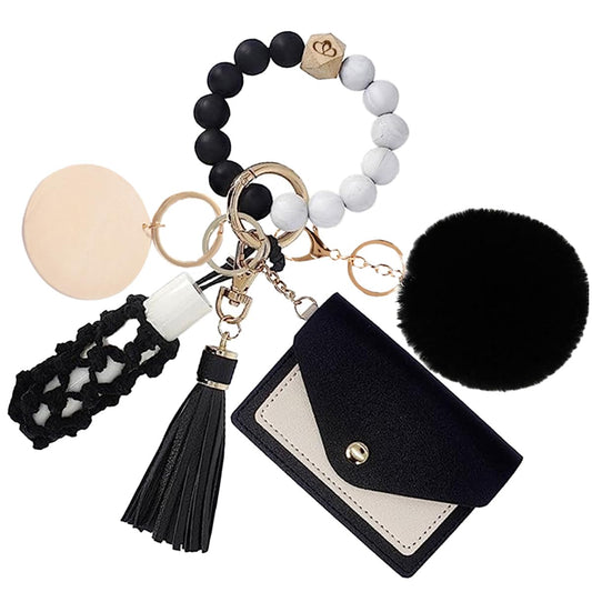 Aolibao Wristlet Keychain Bracelet With Wallet Silicone Beaded Key Rings Bangle for Car Keys Card Holder Keychain with DIY Wood Tag (BLACK) - Renee Lane Company