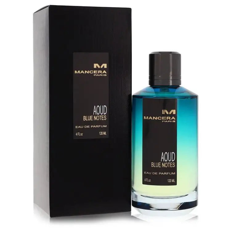 Eau de parfum bottle in blue glass with dark cap, next to Mancera box
