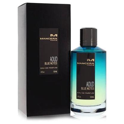 Eau de parfum bottle in blue glass with dark cap, next to Mancera box