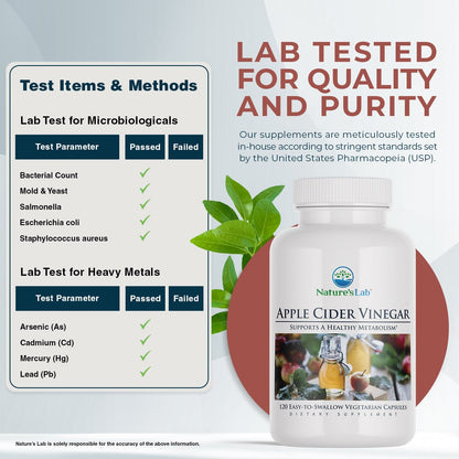 Apple cider vinegar supplement bottle with lab tested for quality and purity label