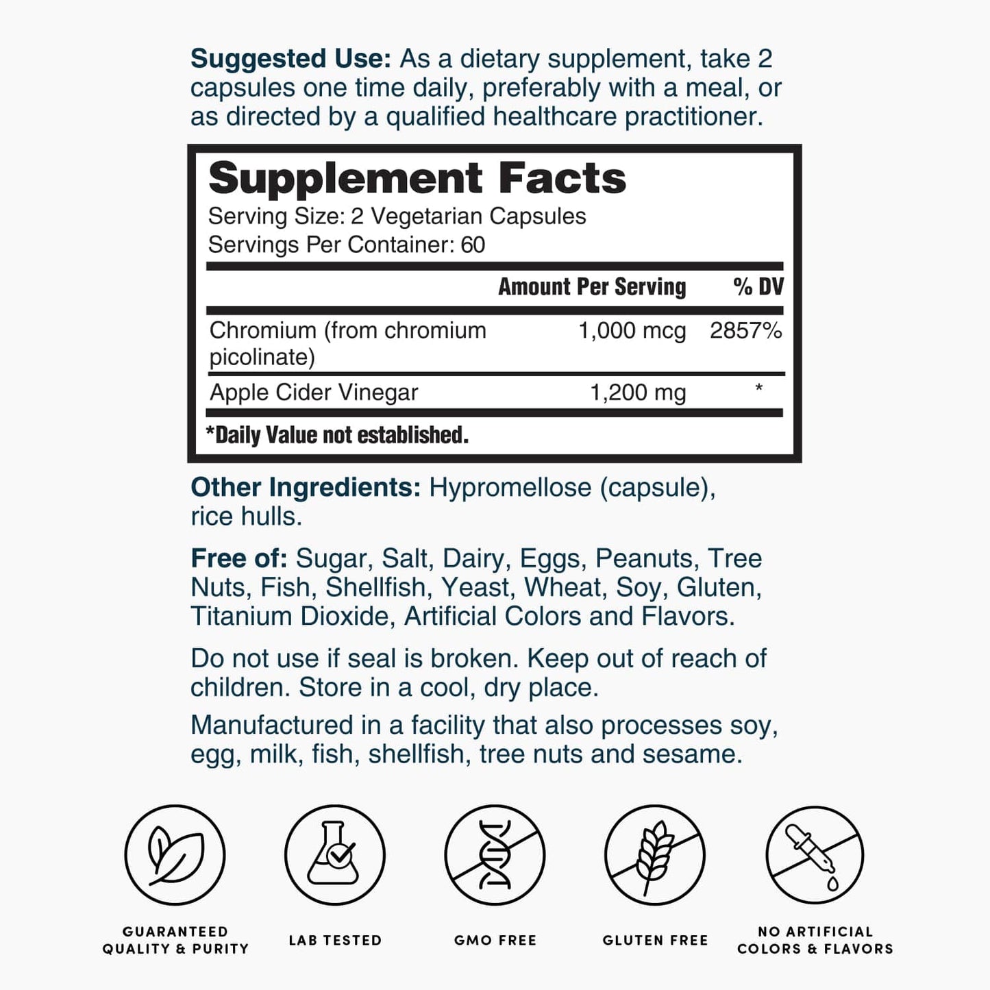 Supplement Facts label showing serving size and chromium and apple cider vinegar amounts
