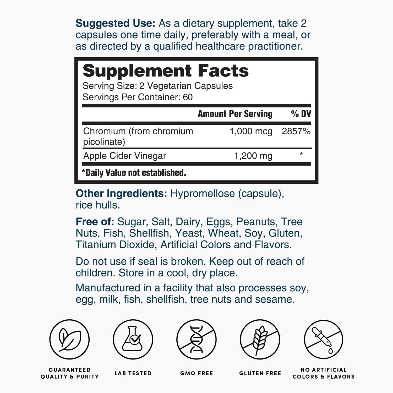 Supplement Facts label showing serving size and chromium and apple cider vinegar amounts