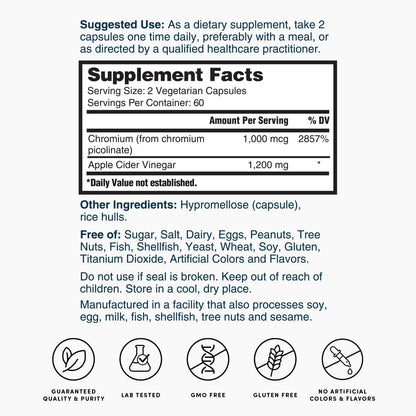 Supplement Facts label showing serving size and chromium and apple cider vinegar amounts