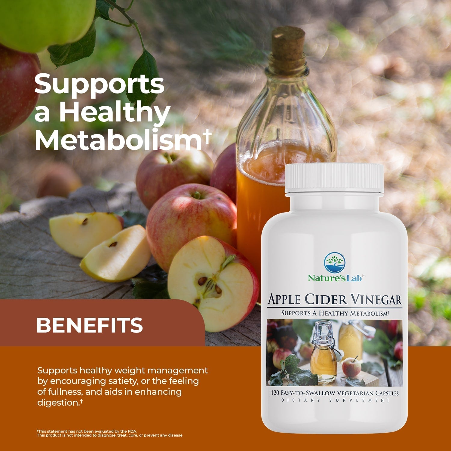 Apple cider vinegar supplement bottle with Nature'sLab label on front