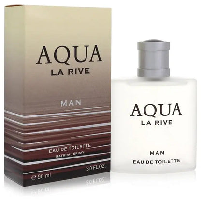 Men’s eau de toilette bottle with cap and Aqua La Rive label, boxed