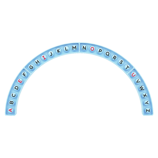Blue alphabet letter arc with uppercase letters in individual tile slots