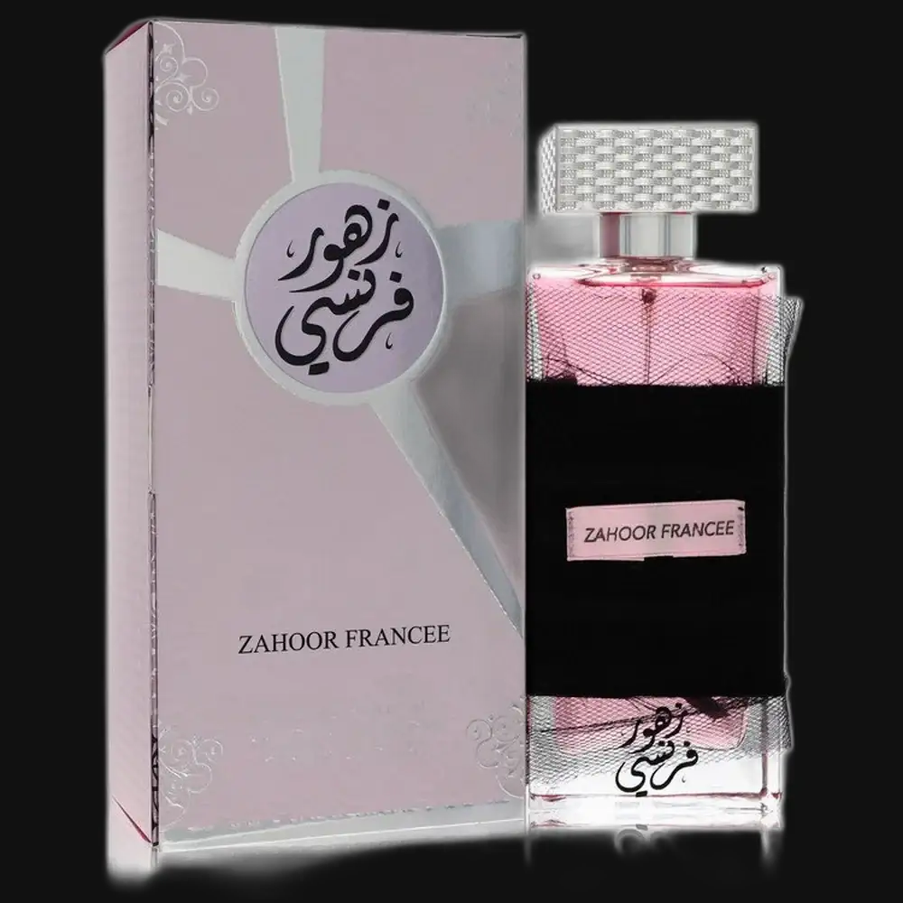 Zahoor Francee perfume bottle with pink liquid, silver cap, in matching box.