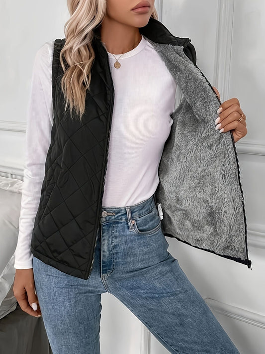 Argyle Pattern Fall & Winter Vest, Casual Zip Up Sleeveless Vest, Women's Clothing - Renee Lane Company