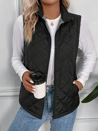 Argyle Pattern Fall & Winter Vest, Casual Zip Up Sleeveless Vest, Women's Clothing - Renee Lane Company