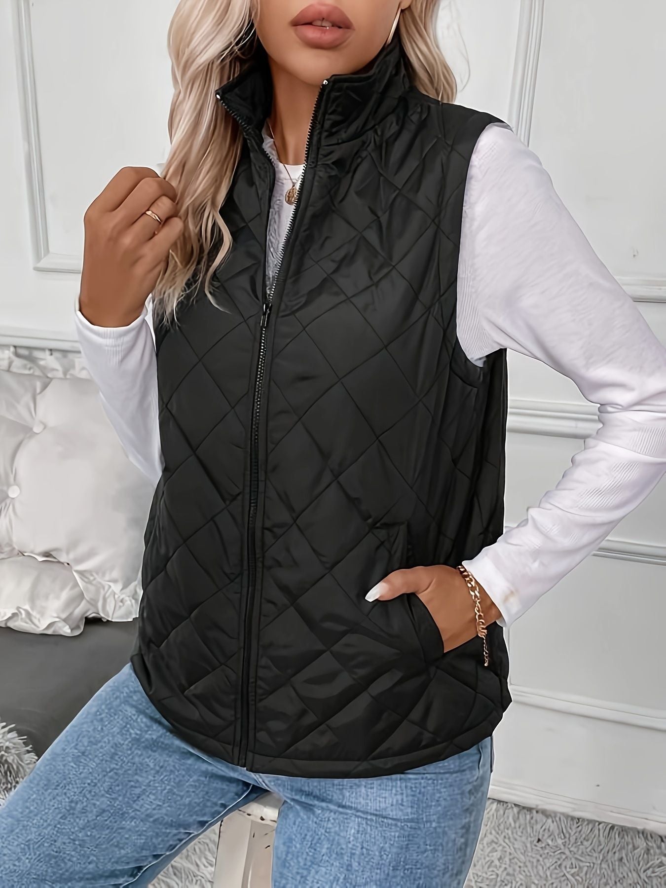 Argyle Pattern Fall & Winter Vest, Casual Zip Up Sleeveless Vest, Women's Clothing - Renee Lane Company