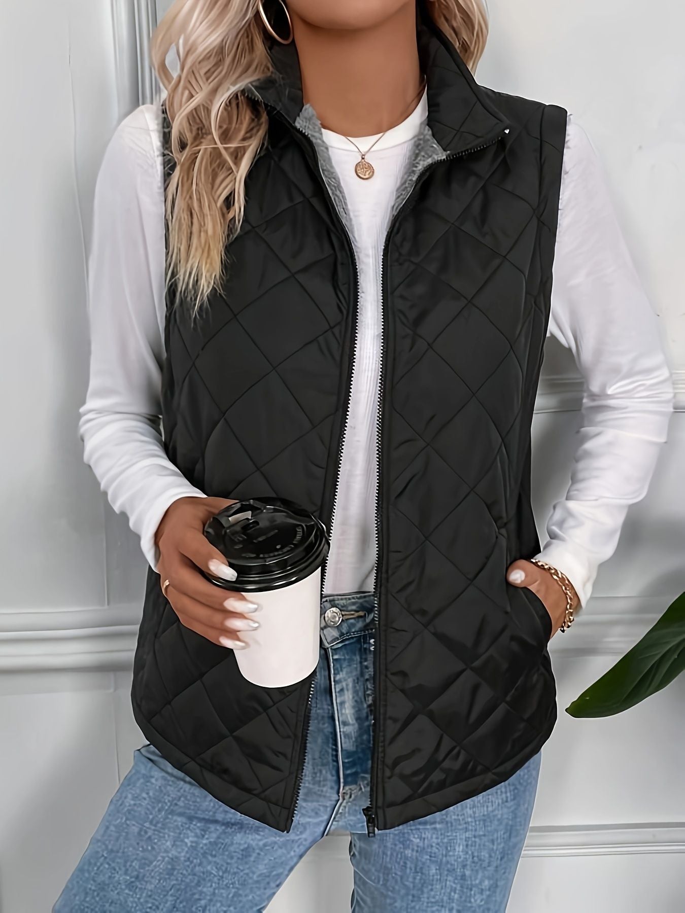 Argyle Pattern Fall & Winter Vest, Casual Zip Up Sleeveless Vest, Women's Clothing - Renee Lane Company