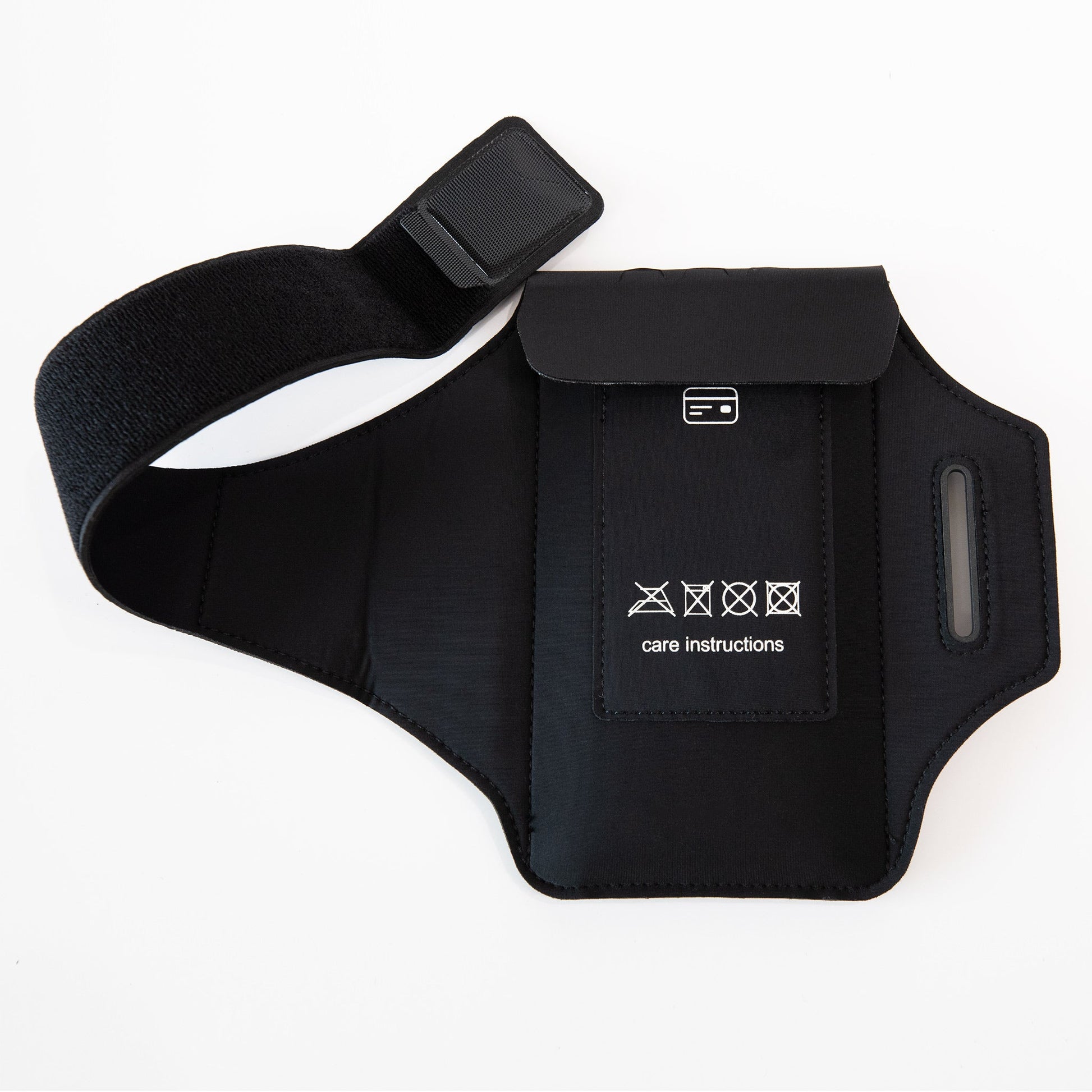 Black armband phone pouch with adjustable strap and care-instructions panel