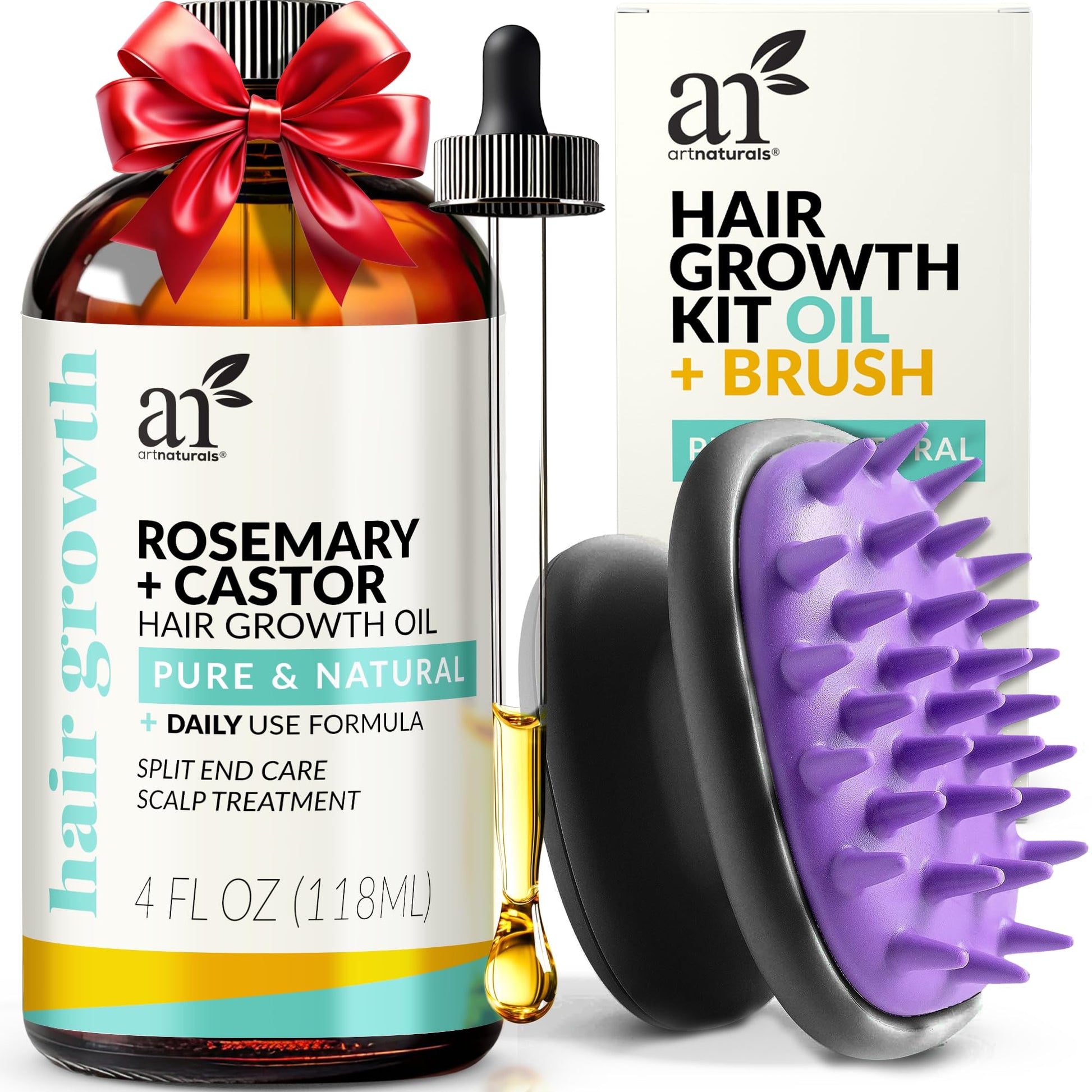 Artnaturals Organic Rosemary Castor Hair Oil + Massager Hair Growth Set Hair Growth Oil 4 ounces with Coconut & Olive Oil for Dry Damaged & Split End - Renee Lane Company