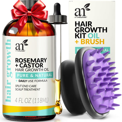 Artnaturals Organic Rosemary Castor Hair Oil + Massager Hair Growth Set Hair Growth Oil 4 ounces with Coconut & Olive Oil for Dry Damaged & Split End - Renee Lane Company