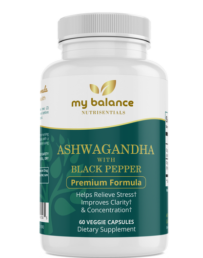 Ashwagandha with black pepper supplement bottle, white cap and green label