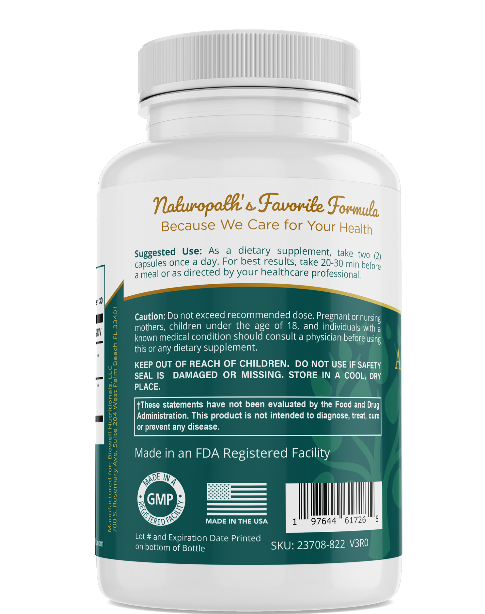 Ashwagandha supplement bottle back label with directions and made in USA badge