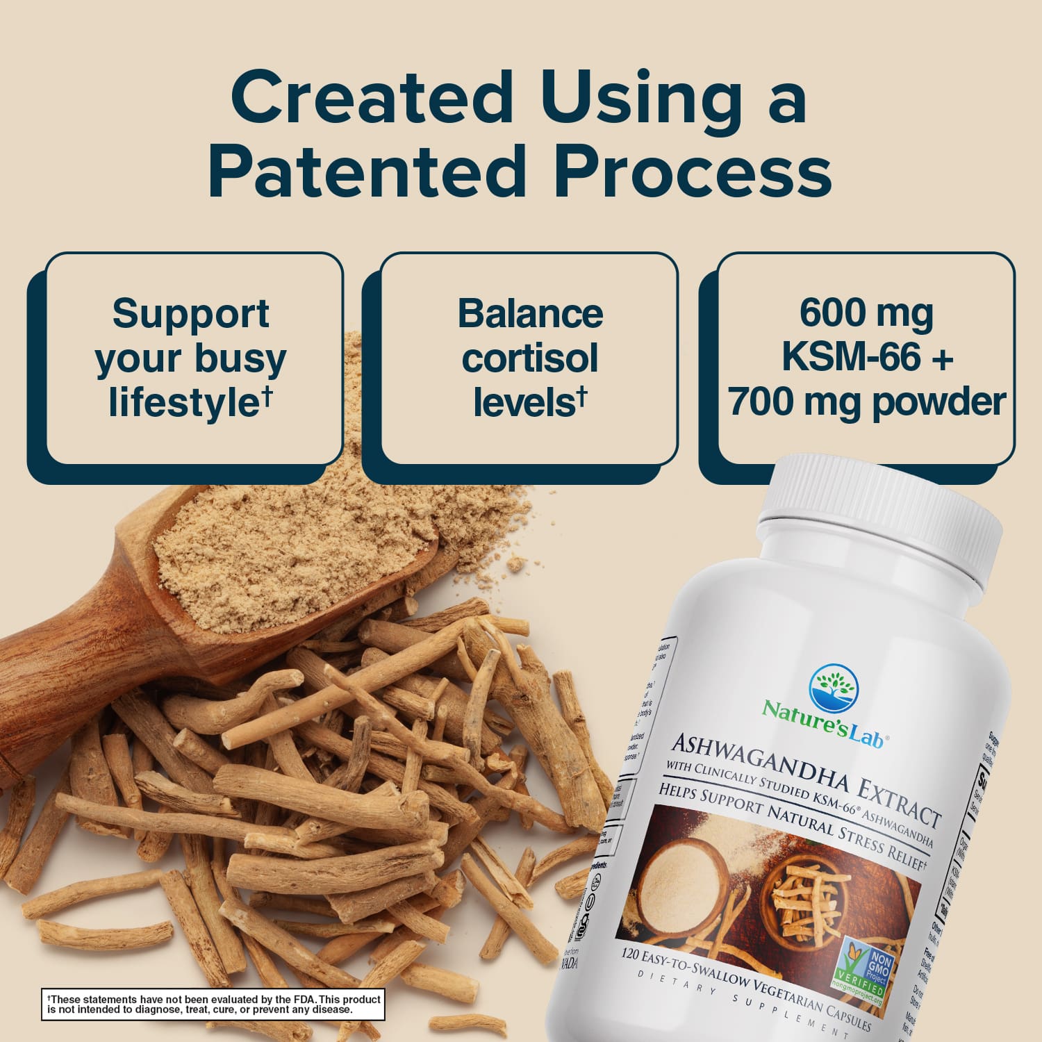 Nature's Lab KSM-66 ashwagandha extract bottle with root powder