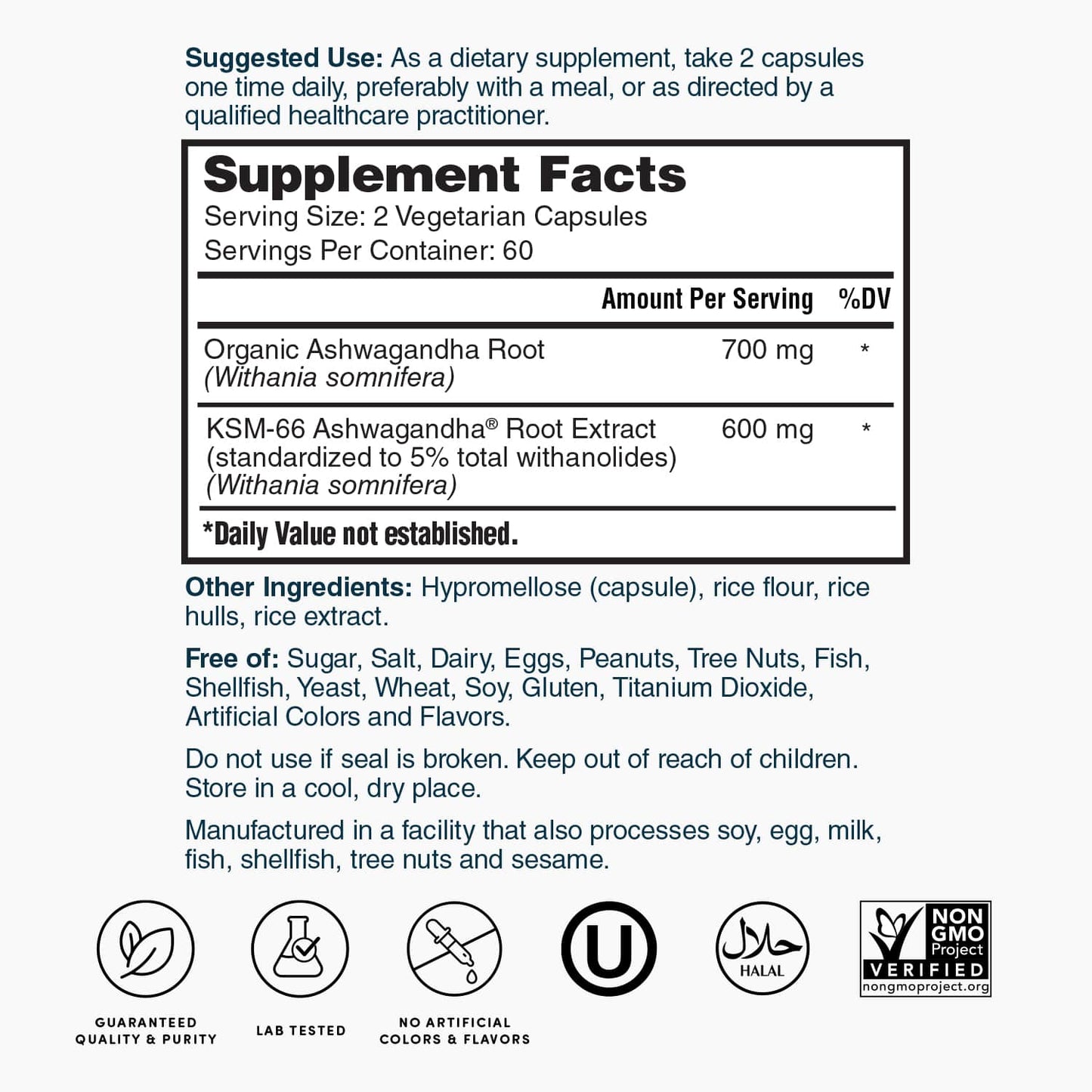 Supplement Facts panel for Nature's Lab ashwagandha KSM-66