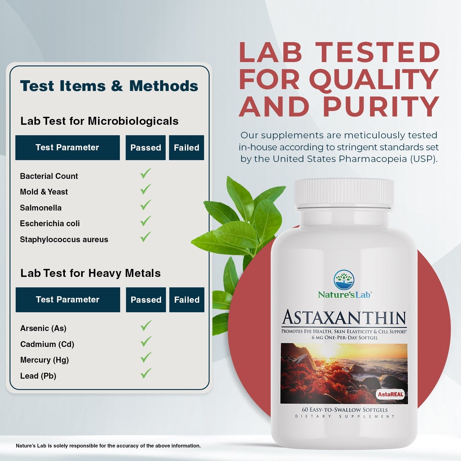 Astaxanthin softgels bottle with lab tested for quality and purity panel