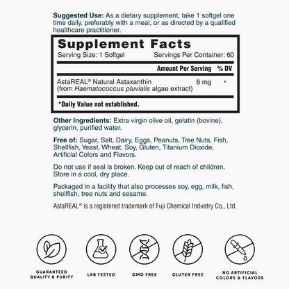 Astaxanthin softgels Supplement Facts panel with serving size and ingredients list