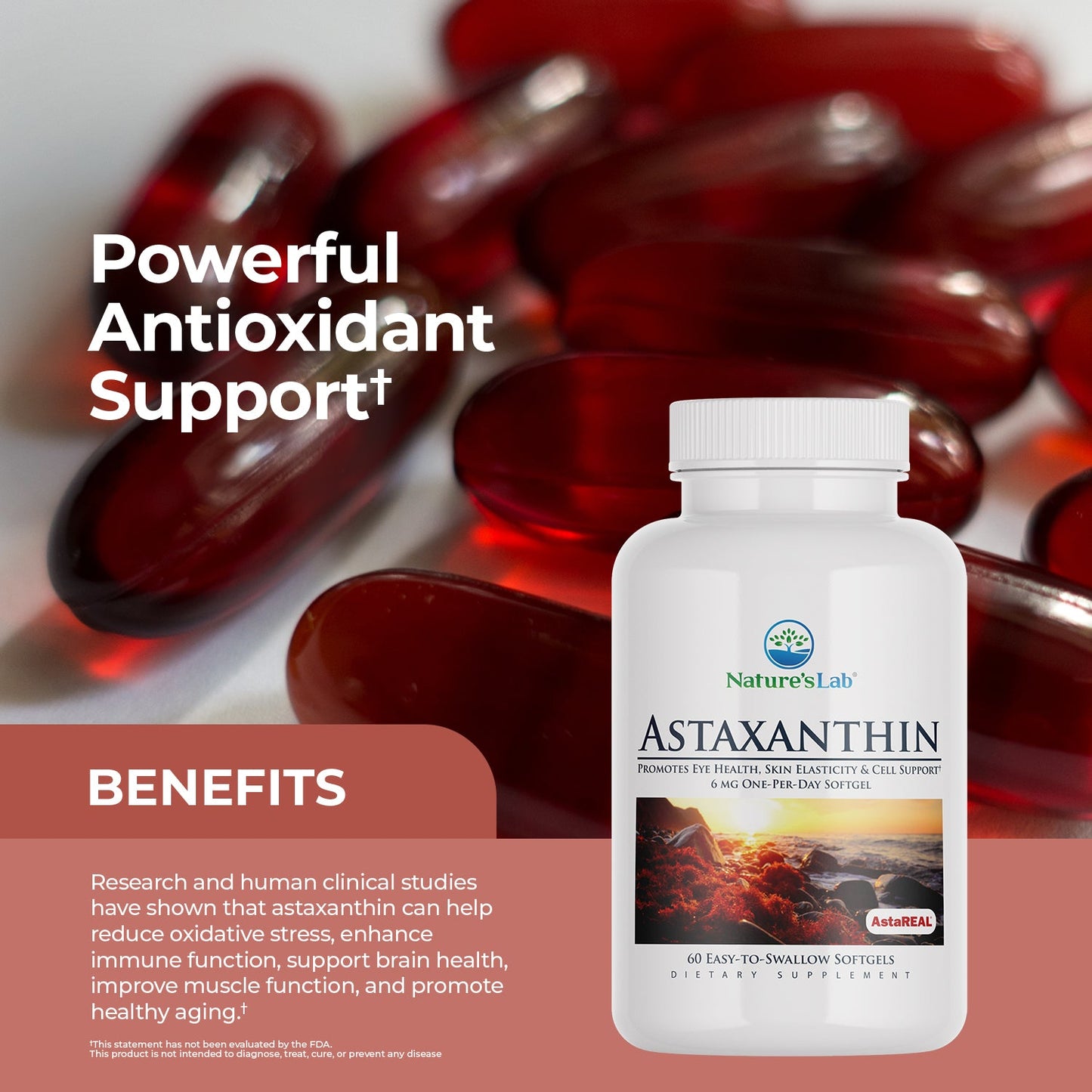 Astaxanthin softgels bottle with capsules behind it and antioxidant benefits text