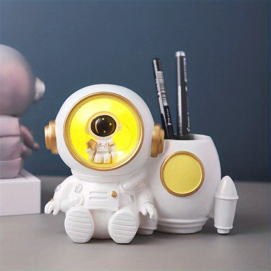 Astronaut Sculpture Pen Holder Pencil Holder Pen Organizer Cosmetic Brush Holder Decorative Pen Box Pen Pot Makeup Brush Pot With Light. (White/Orange) - Renee Lane Company