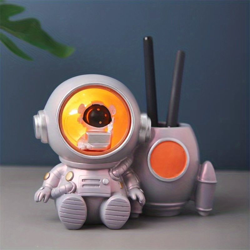 Astronaut Sculpture Pen Holder Pencil Holder Pen Organizer Cosmetic Brush Holder Decorative Pen Box Pen Pot Makeup Brush Pot With Light. (White/Orange) - Renee Lane Company