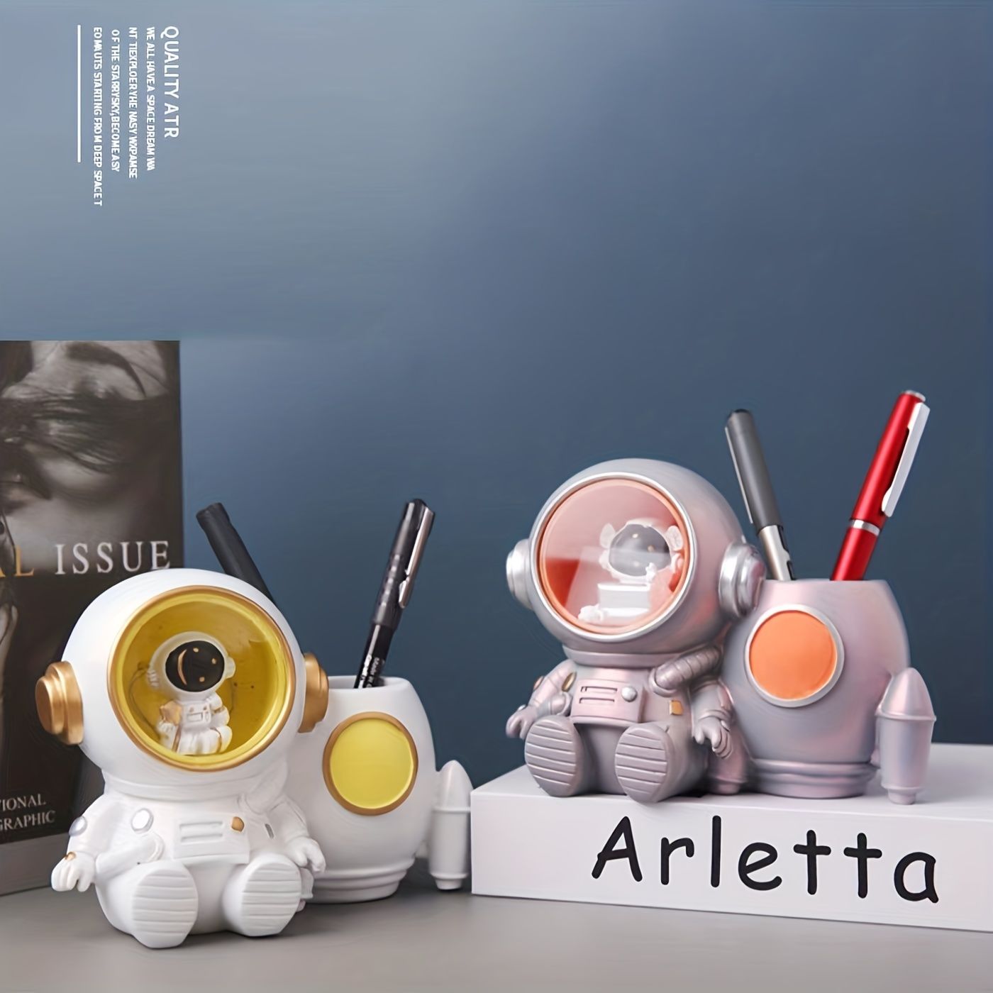 Astronaut Sculpture Pen Holder Pencil Holder Pen Organizer Cosmetic Brush Holder Decorative Pen Box Pen Pot Makeup Brush Pot With Light. (White/Orange) - Renee Lane Company