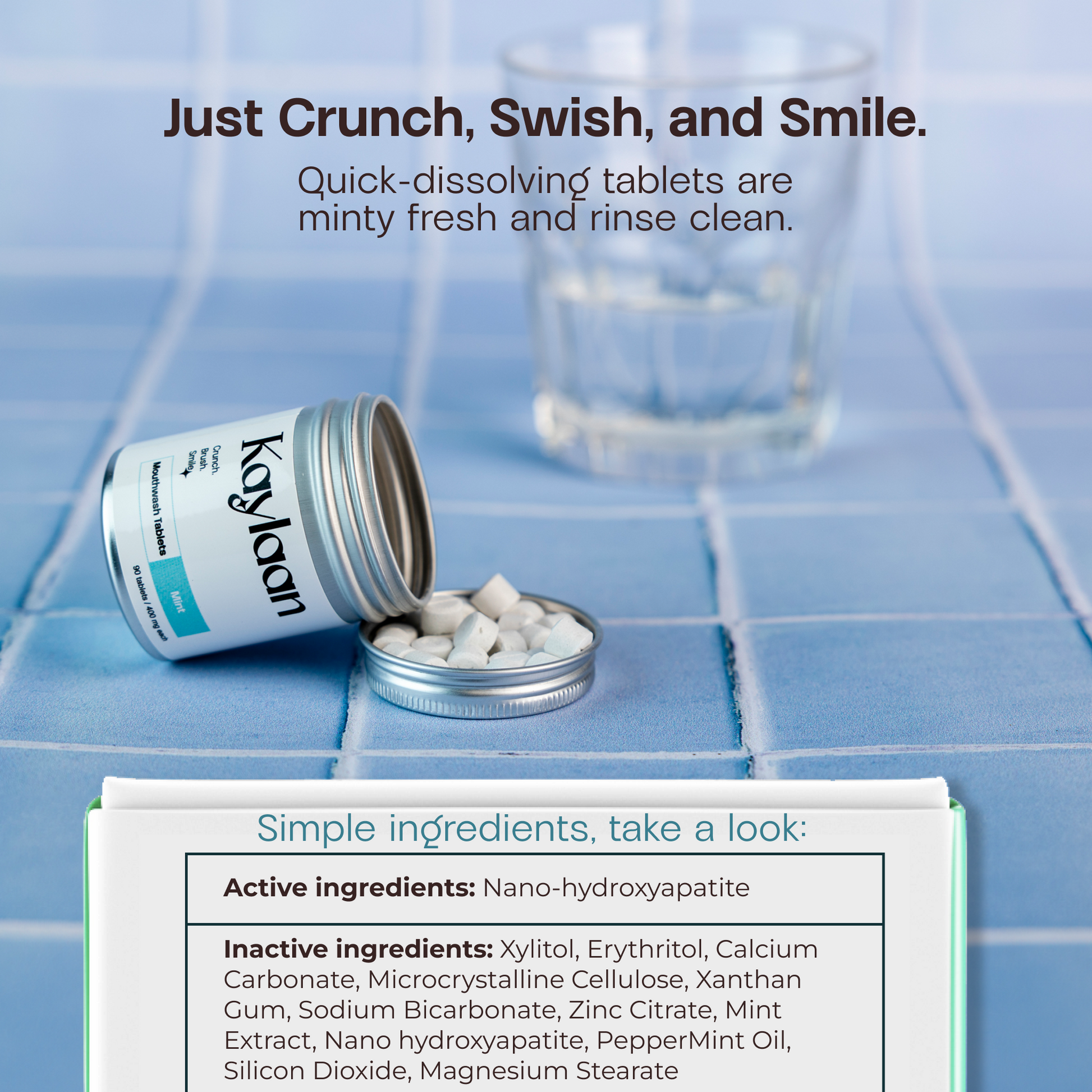 Mouthwash tablets jar with mint tablets and a glass for rinsing