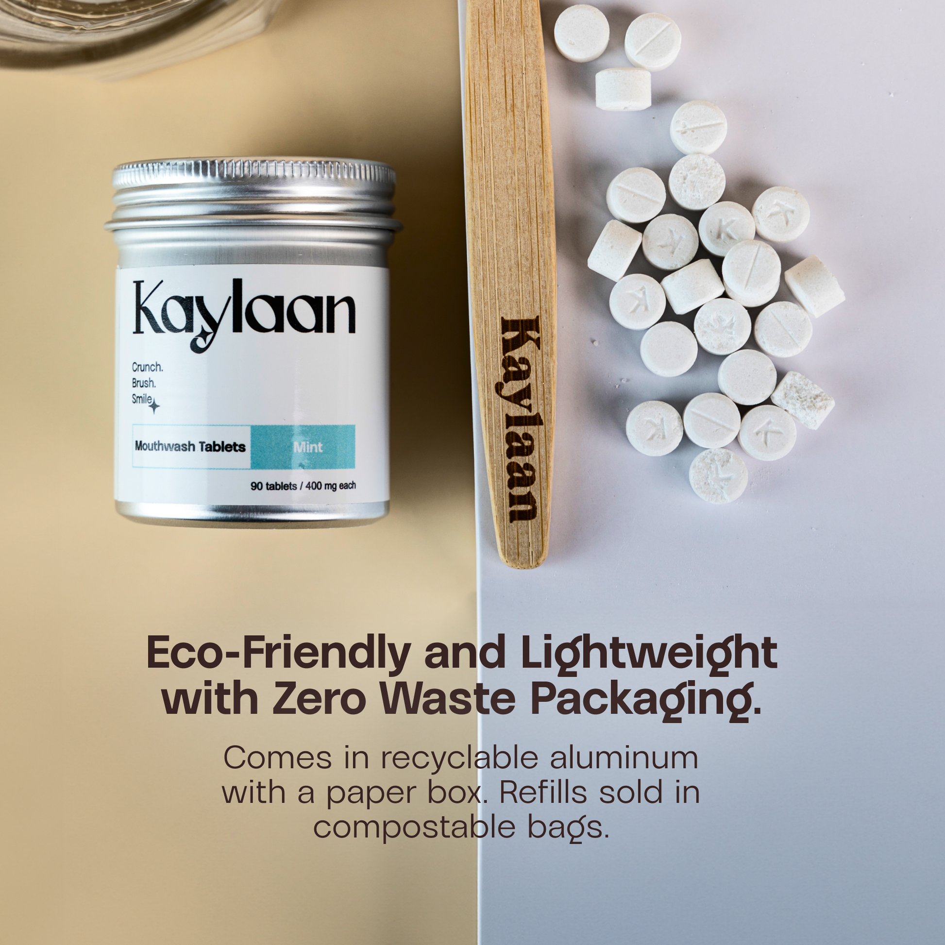 Mouthwash tablets jar with mint tablets and wooden scoop