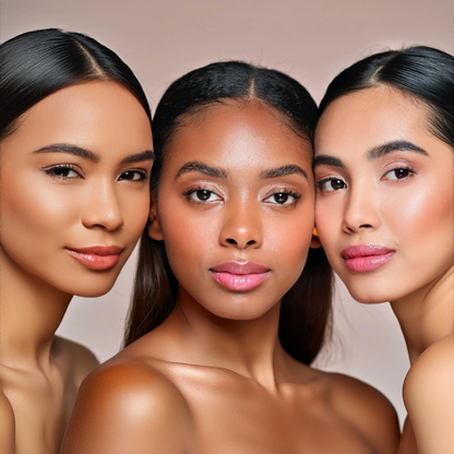 Aurora Glow lip oil on glossy pink lips; three models with natural makeup