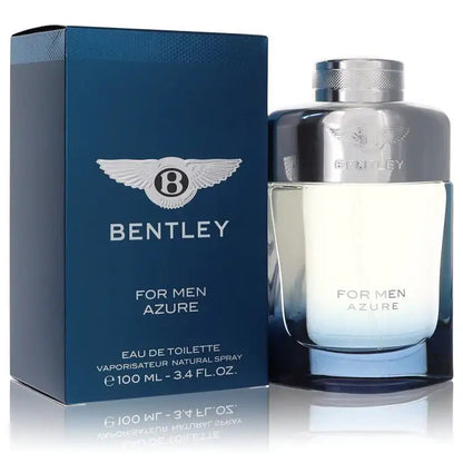 Men's eau de toilette cologne bottle with silver cap, blue Bentley box