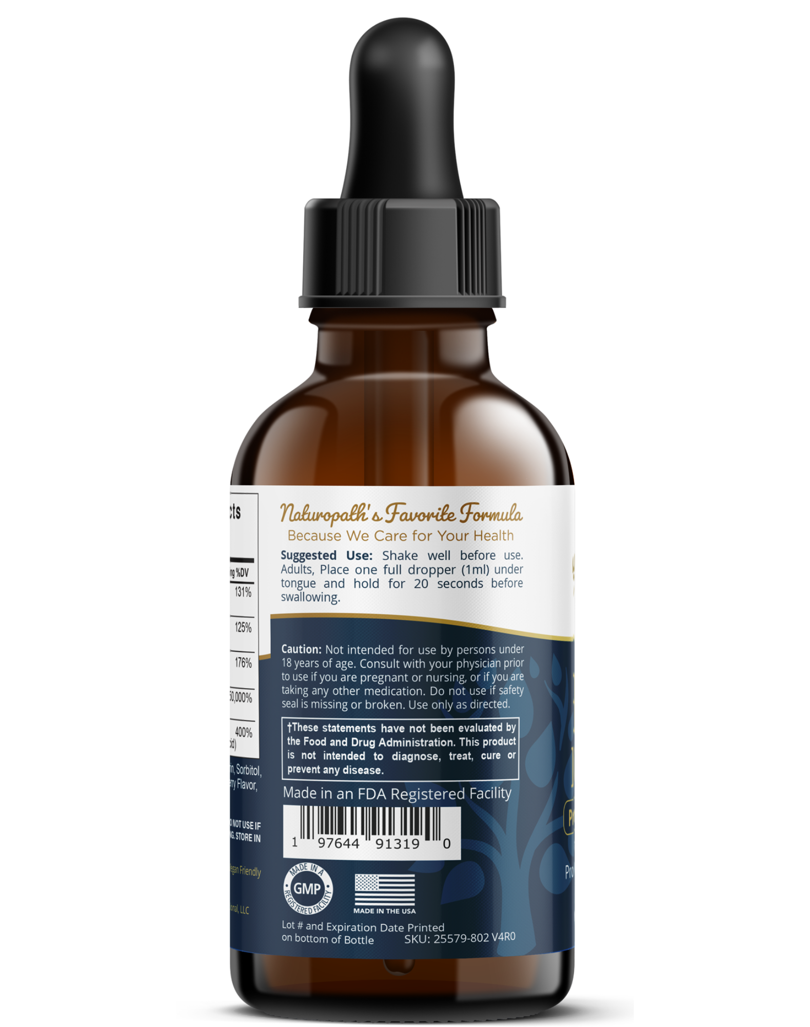 B-12 Drops supplement bottle back label with directions and warnings