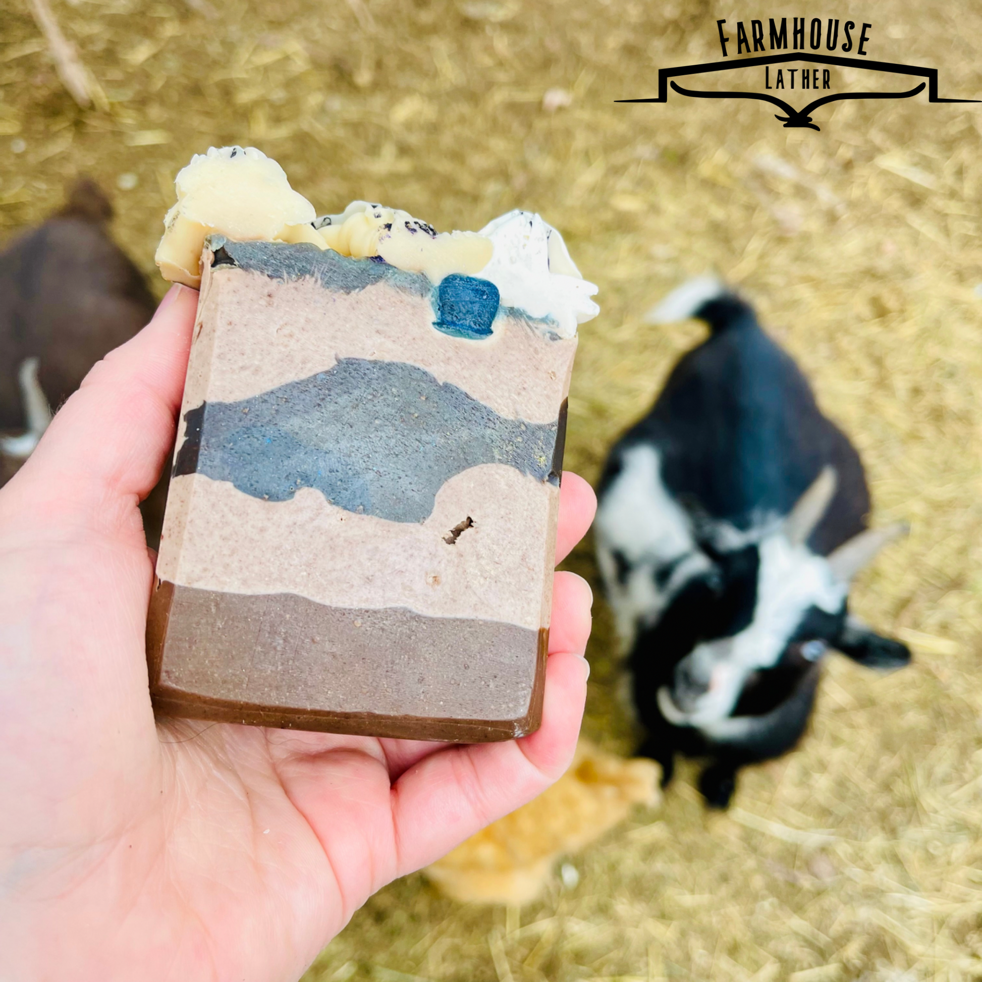 Handmade soap bar with blue top accents and white swirl frosting detail