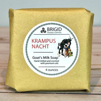Krampusnacht goat milk soap bar in yellow kraft box, 4 oz