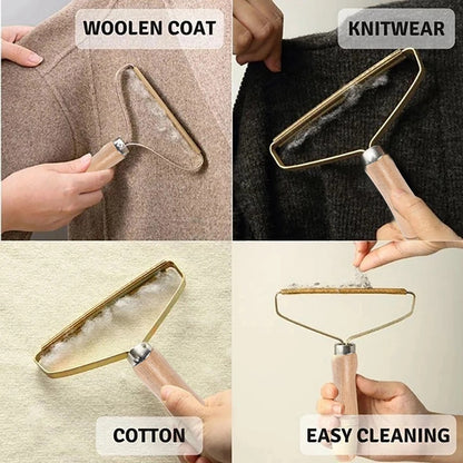 Wood-handled lint remover brush removing hair from knit and wool fabric