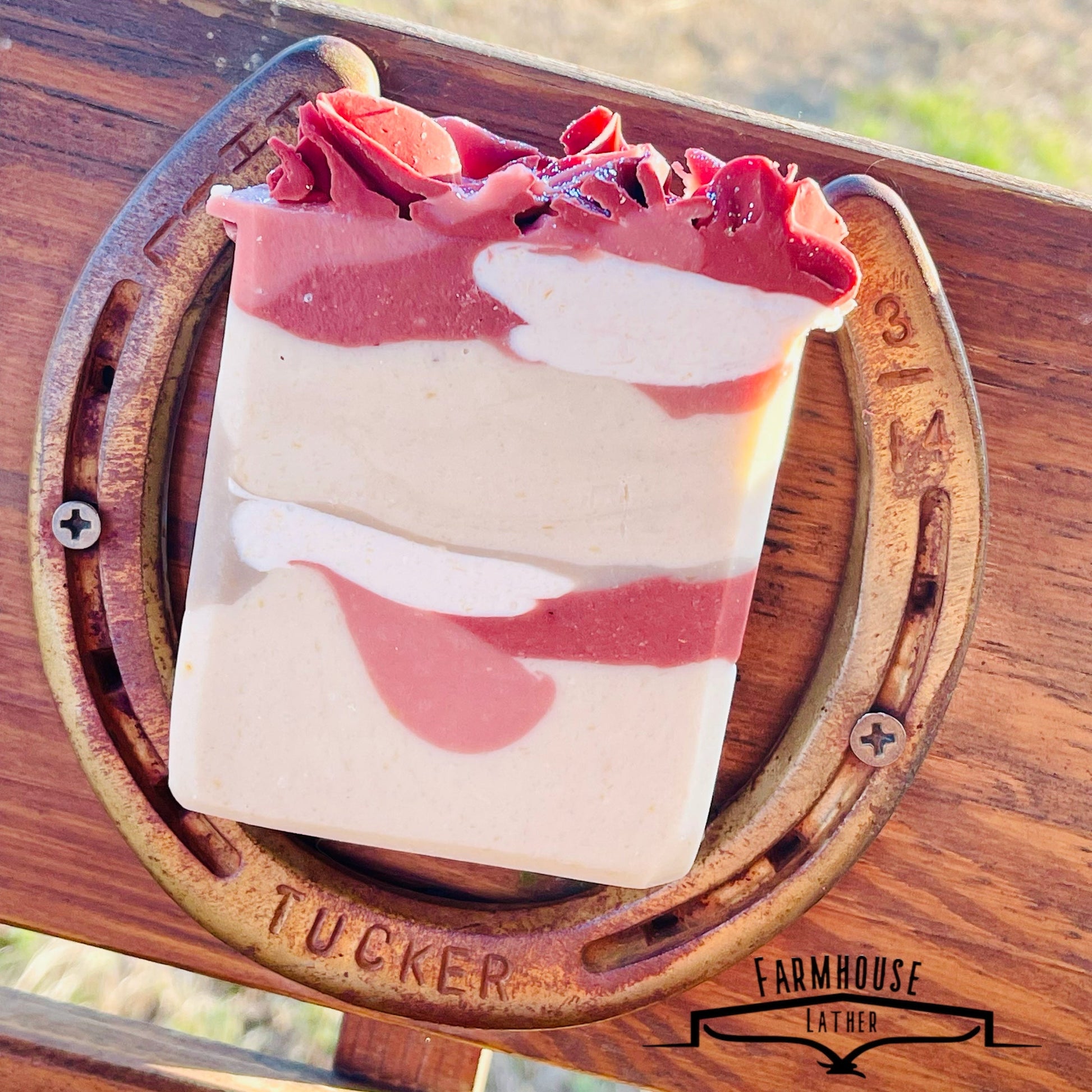 Peony Acres layered soap bar with pink and white swirls