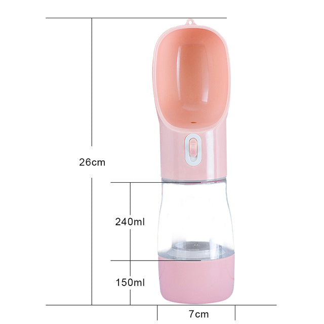 Pet dog water feeder bottle, pink top with clear 240ml chamber and 150ml base