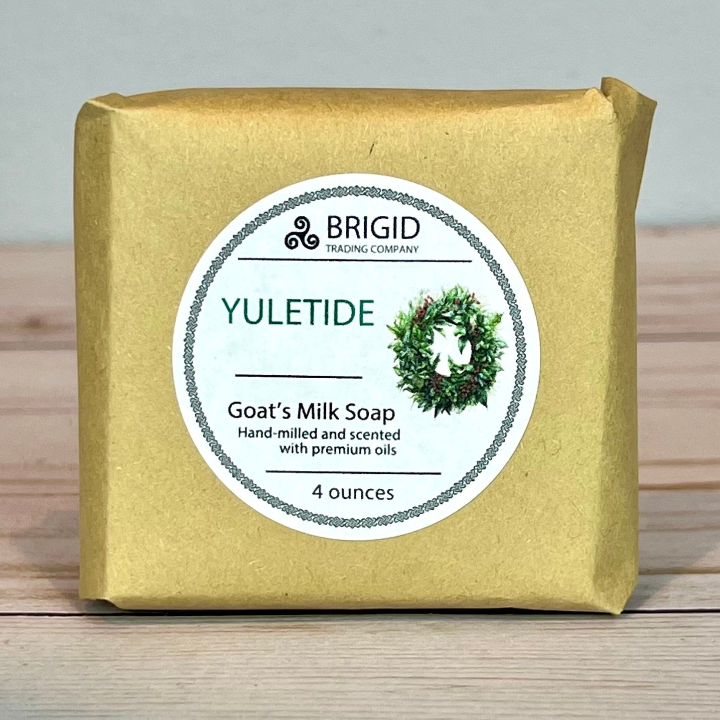 Yule tide goat milk soap bar in yellow kraft box, 4 oz