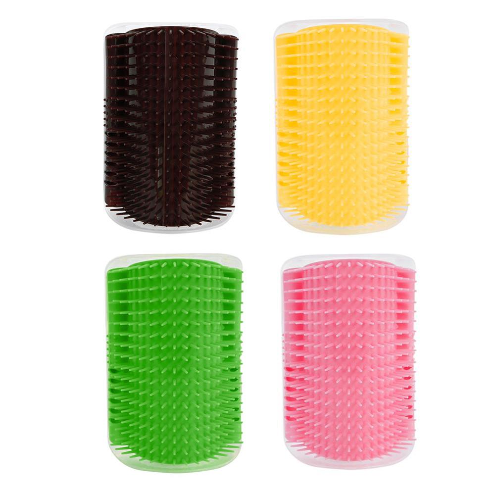 Pet corner grooming brush display with dark, yellow, green, and pink brush heads.