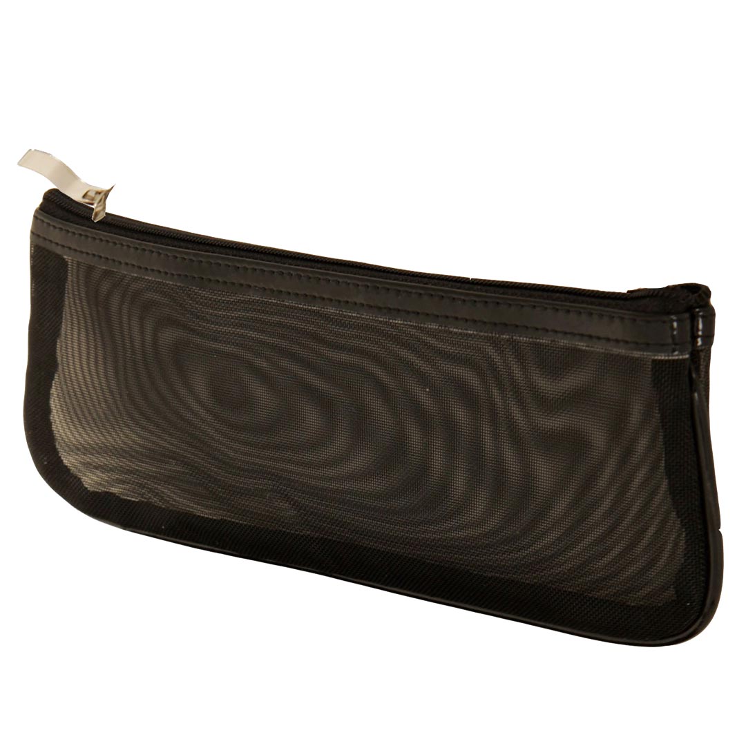 Dark brown zippered makeup pouch with gold-tone zipper pull.