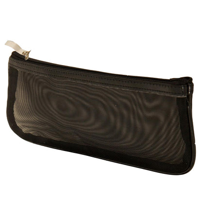 Dark brown zippered makeup pouch with gold-tone zipper pull.