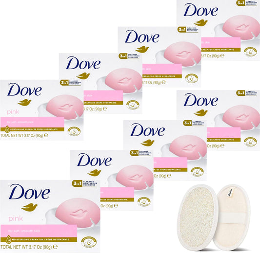 BASICOS Dove Beauty Bar Soap for Washing Hands and Body Mild for Skin Bulk Pack of 8 Bars- 3.15 Ouce Each. Plus 1 Loofah Sponge Pad (Pink) - Renee Lane Company