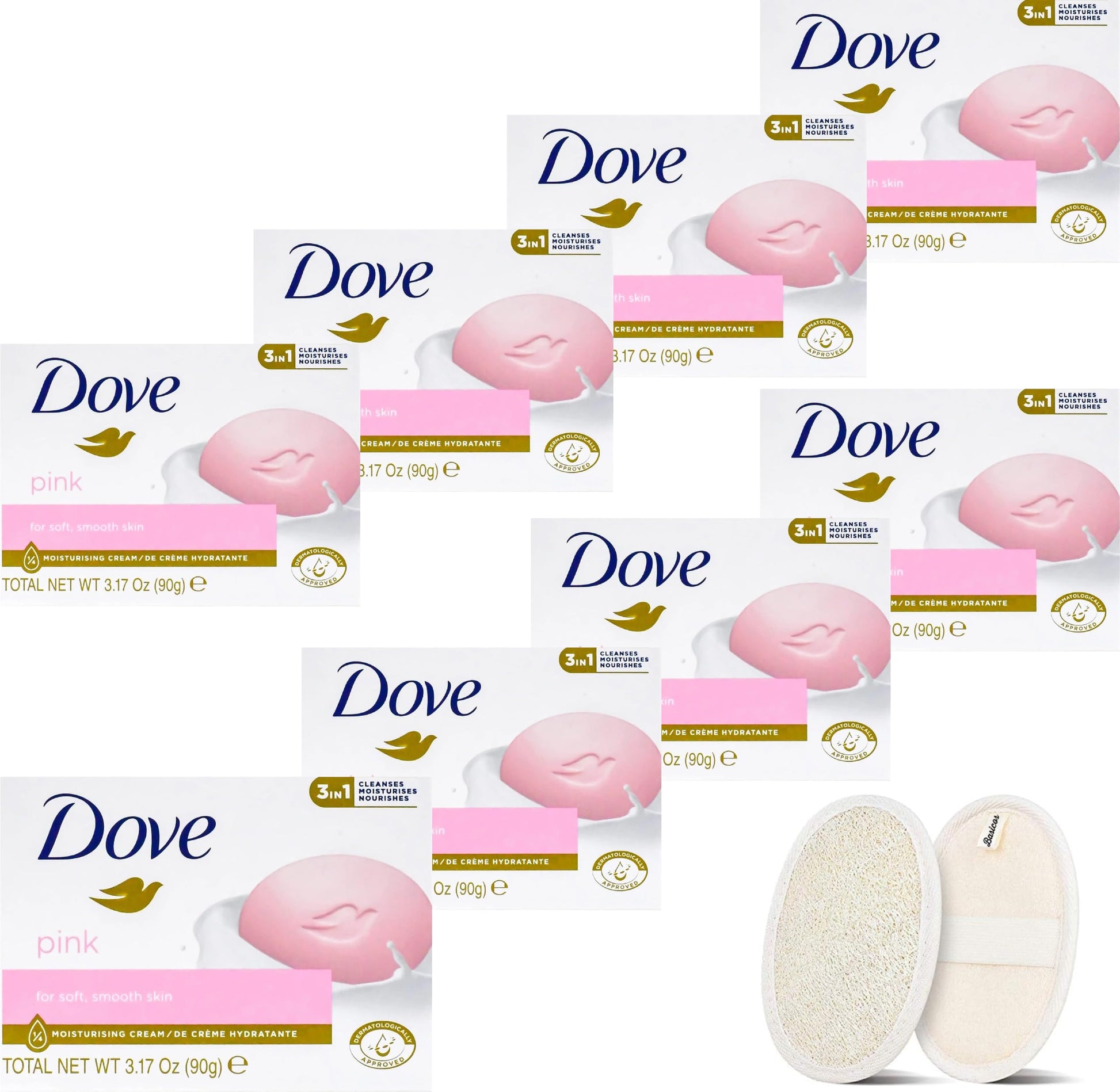 BASICOS Dove Beauty Bar Soap for Washing Hands and Body Mild for Skin Bulk Pack of 8 Bars- 3.15 Ouce Each. Plus 1 Loofah Sponge Pad (Pink) - Renee Lane Company