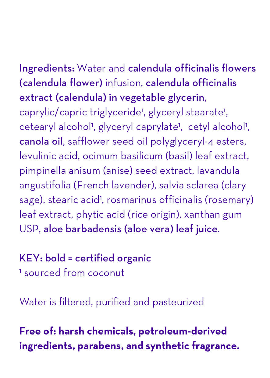 Ingredients list for calendula cream, including water, calendula extract, and glycerin