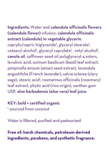 Ingredients list for calendula cream, including water, calendula extract, and glycerin