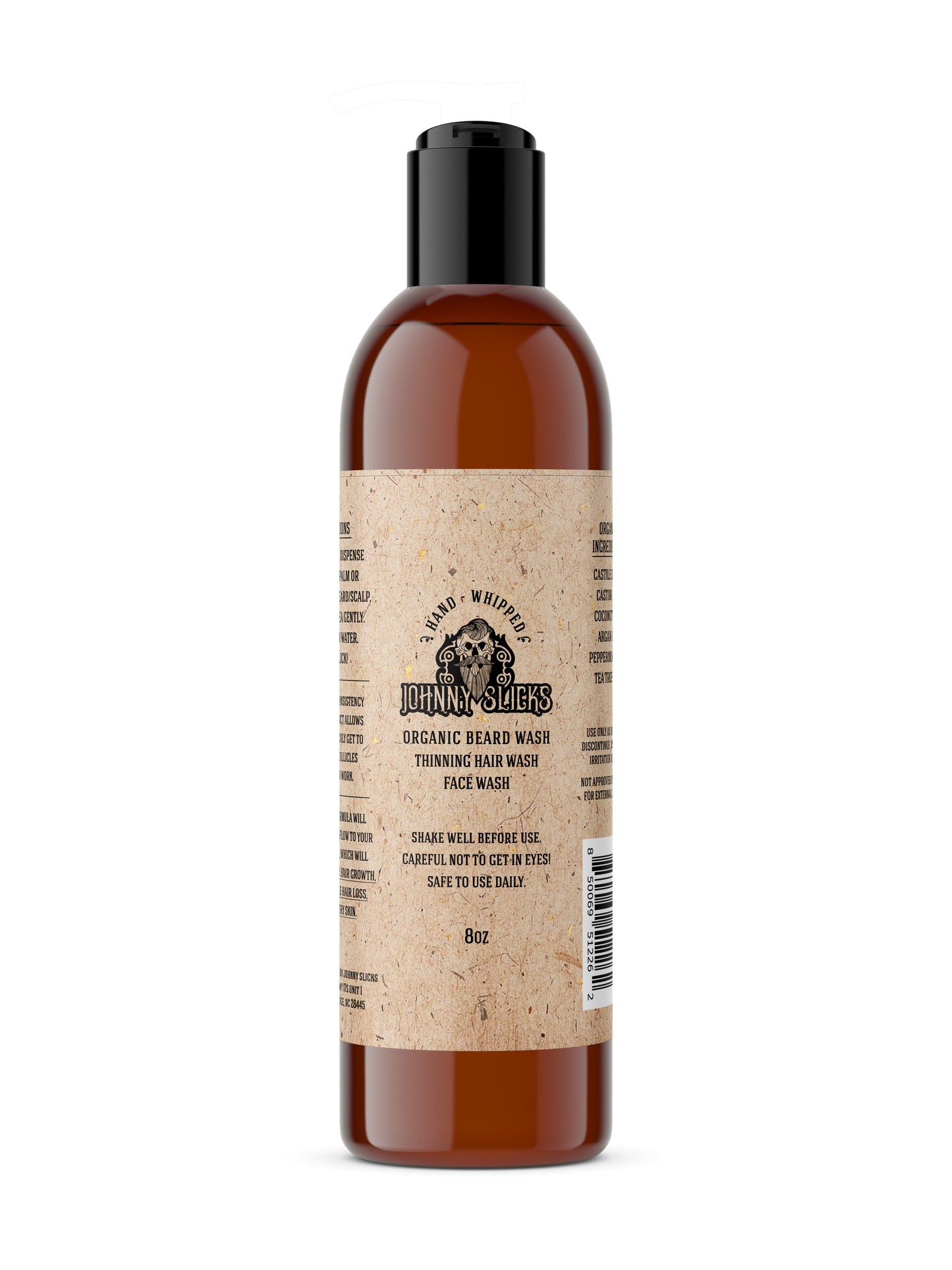 Organic whipped beard wash bottle, amber liquid, black cap