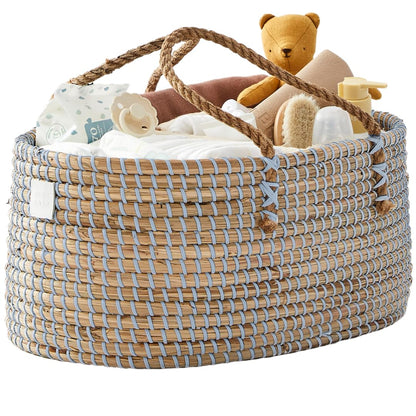 BEBE BASK Baby Diaper Caddy Organizer - Handmade Organic Seagrass - Luxury Blue Diaper Caddy Basket - Diaper Caddy Light Blue - Diaper Caddy For Baby Boy (Dove) - Renee Lane Company